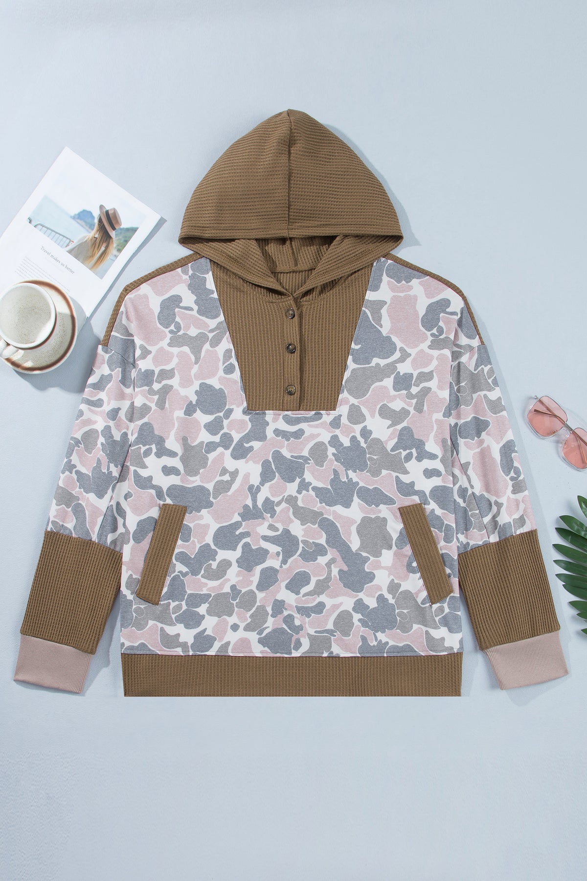 Khaki Camouflage Print Waffle Knit Patchwork Half Zip Plus Size Hoodie Online Only