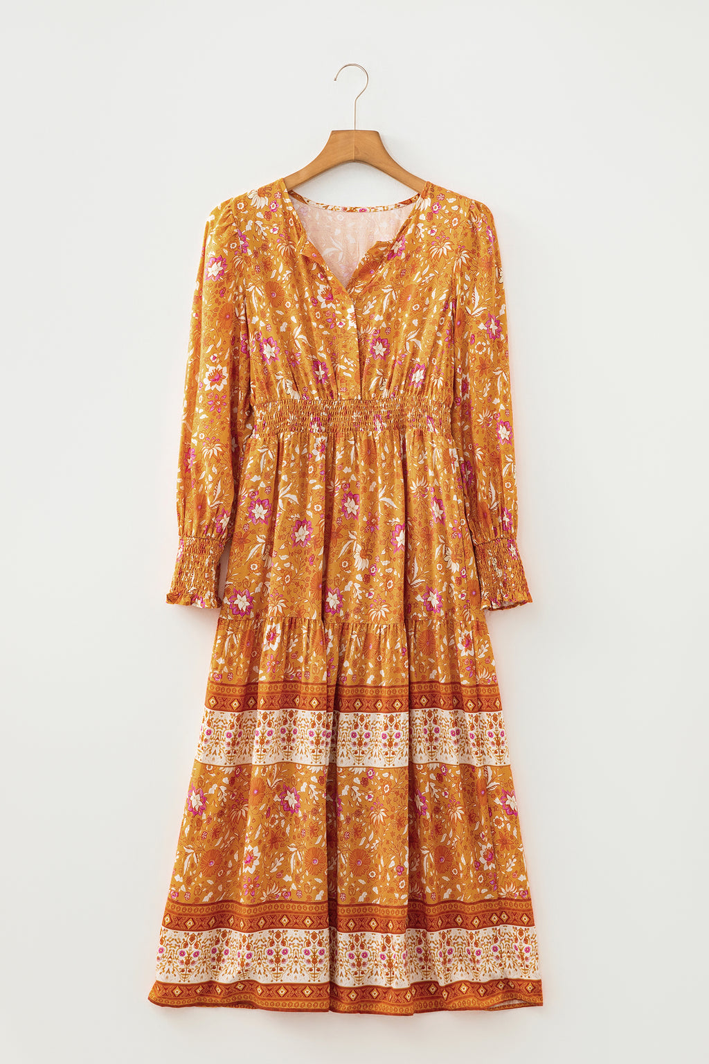 Orange Floral Print Smocked Waist Long Sleeve Boho Maxi Dress Online Only