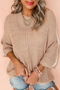 Light French Beige Contrast Striped 3/4 Sleeve Crew Neck Sweater Online Only