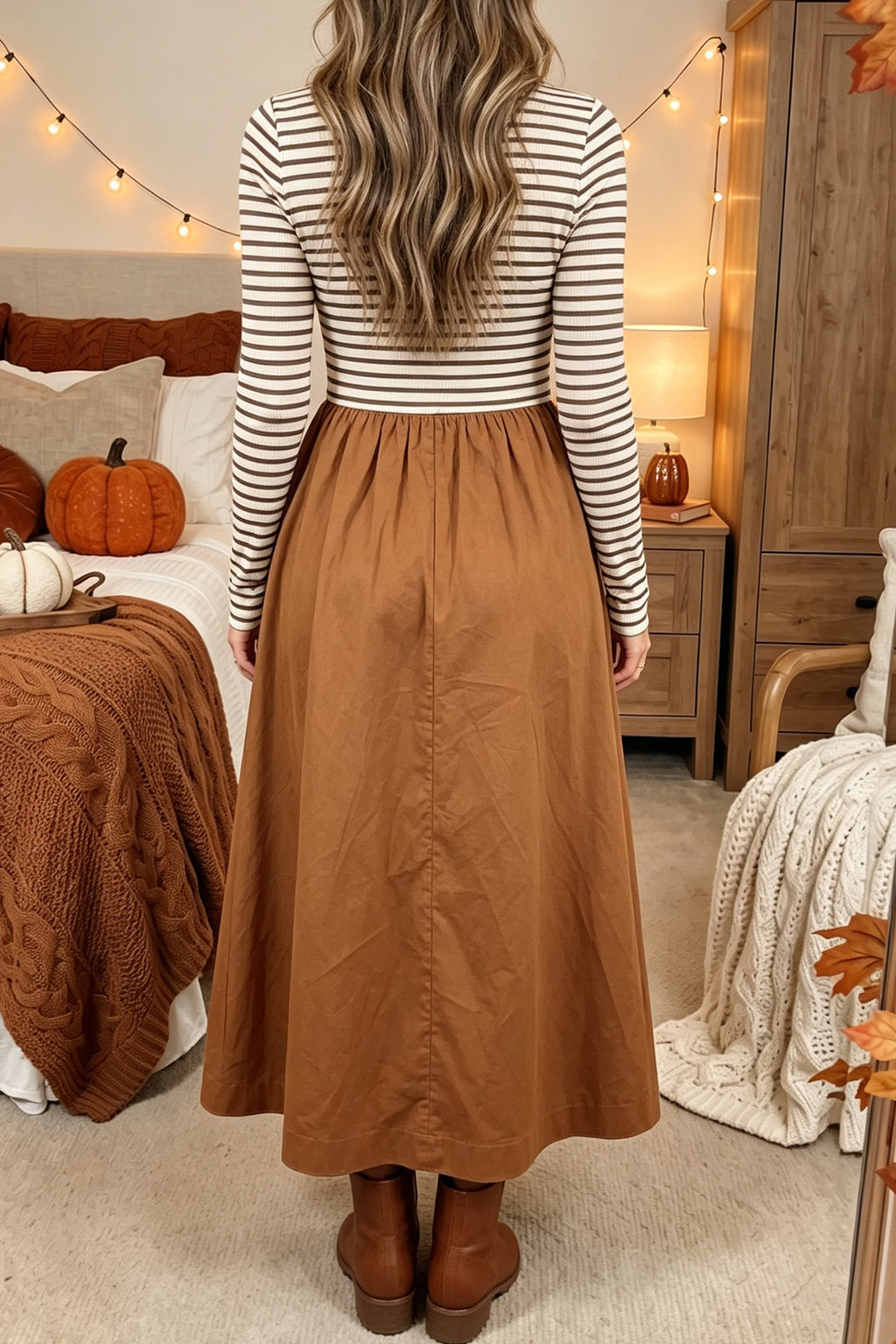 Brown Stripe Ribbed Knit Long Sleeve Bodice Contrast Patchwork Flared Dress Online Only & In Stock (listed separately)