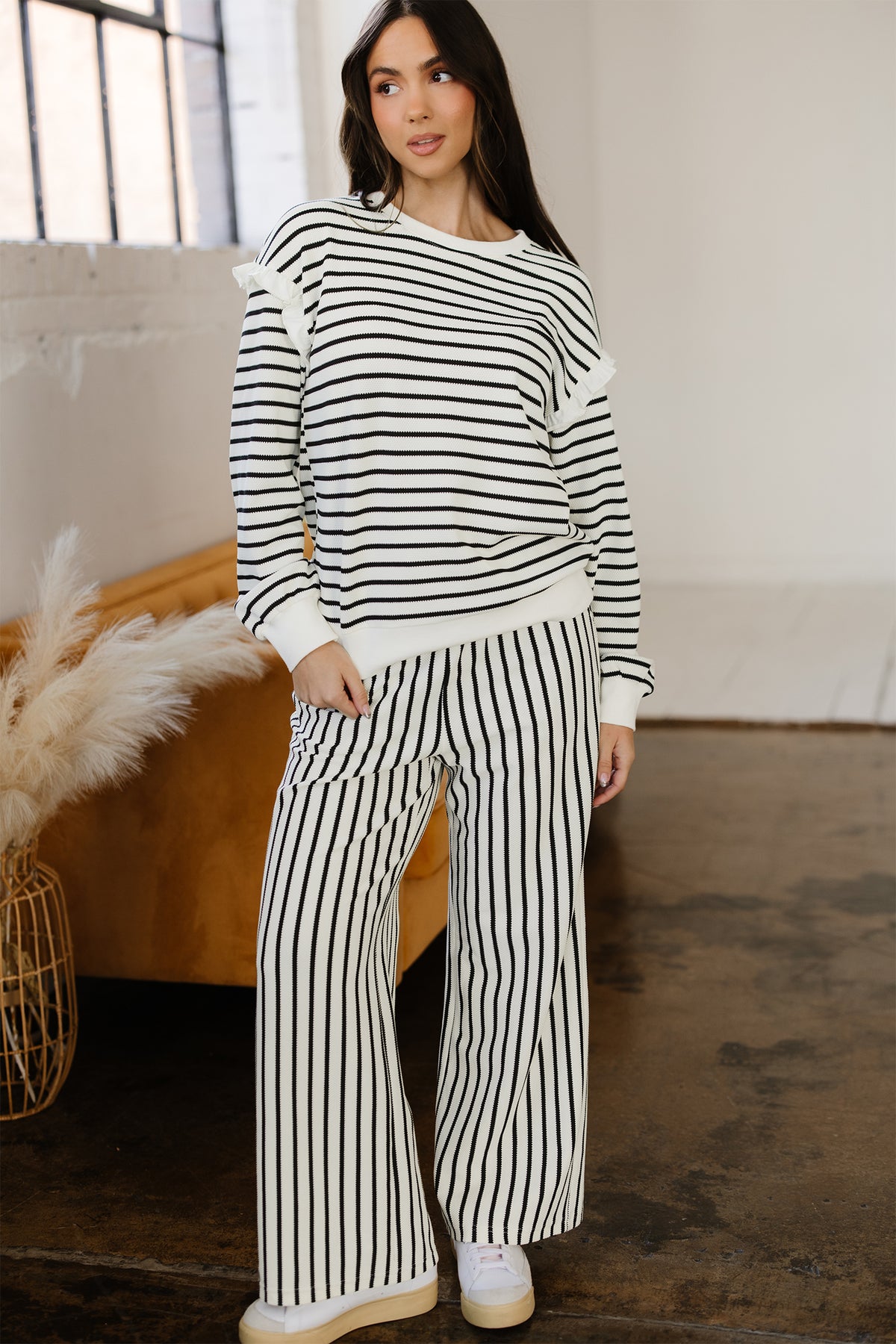White Stripe Ruffle Trim Drop Shoulder Top Drawstring Loose Pant Set Online Only