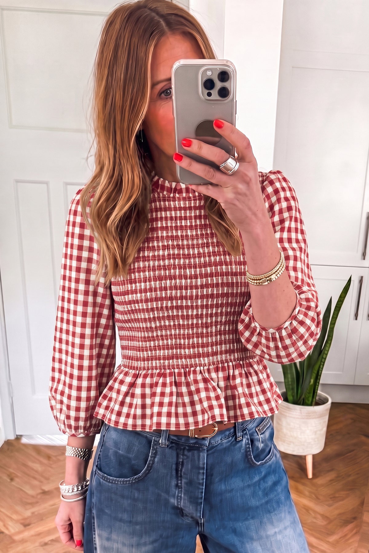 Red, Brown, & Green 3/4 Sleeve Shirred Plaid Peplum Top Online Only