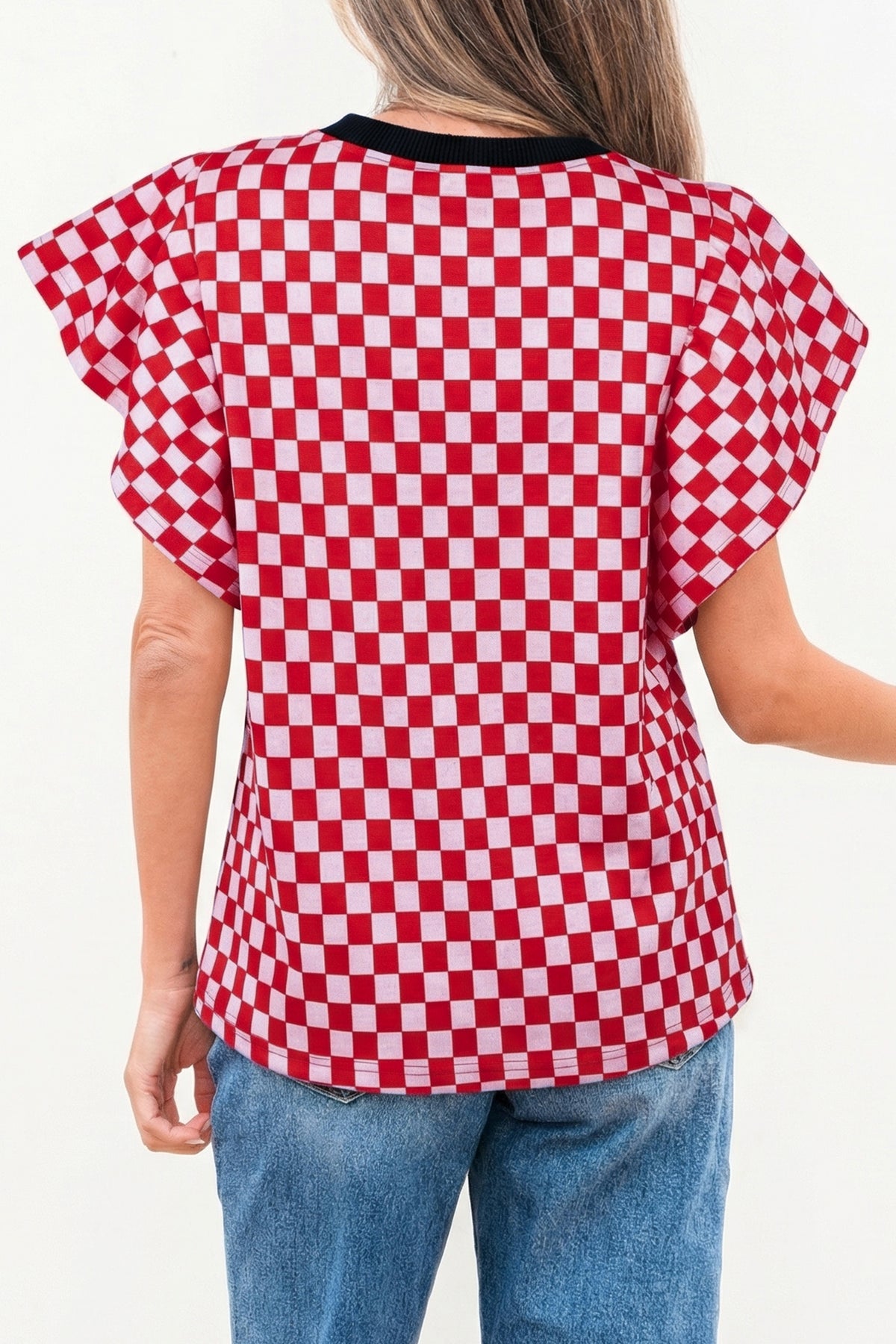 Red Checkered Print Ruffle Short Sleeve Contrast Trim Round Neck Top Online Only