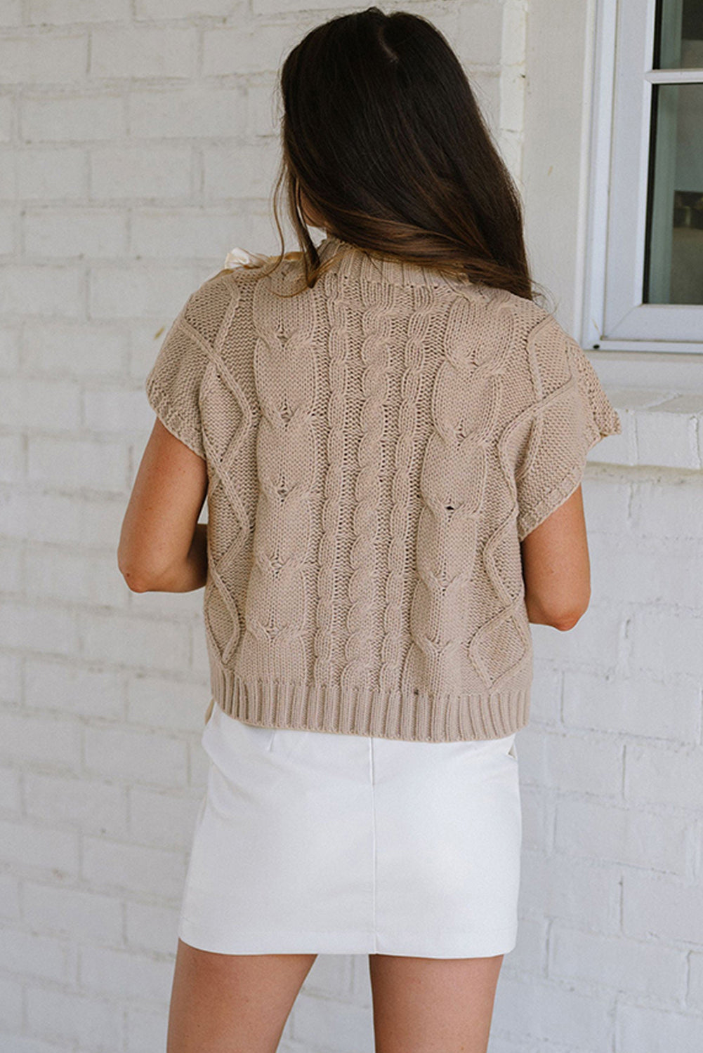 Simply Taupe Cable Knit Colorblock Satin Bowknot Short Sleeve Sweater Online Only