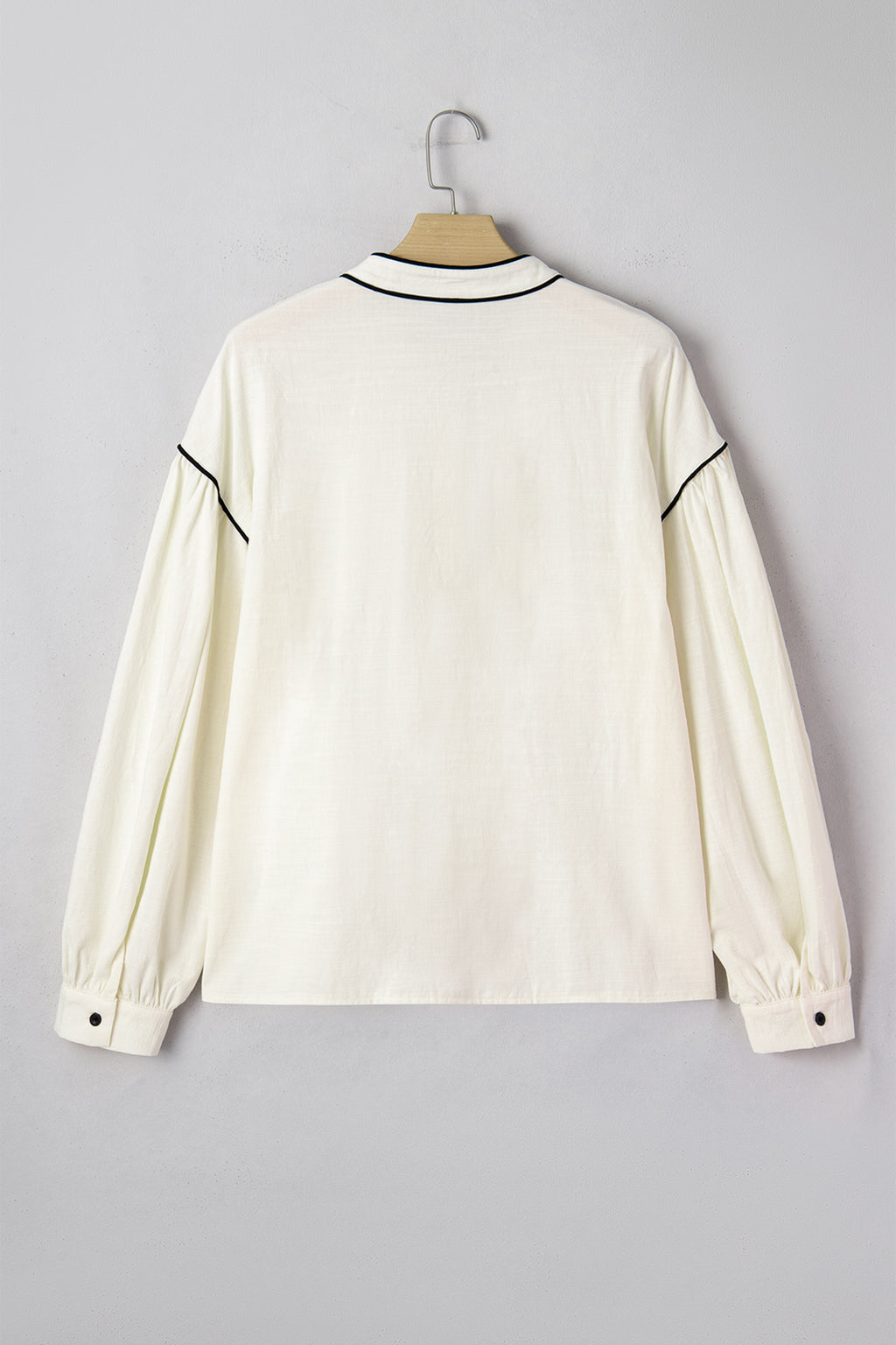 Beige Contrast Color Trim Button Down Long Puff Sleeve Shirt Online Only