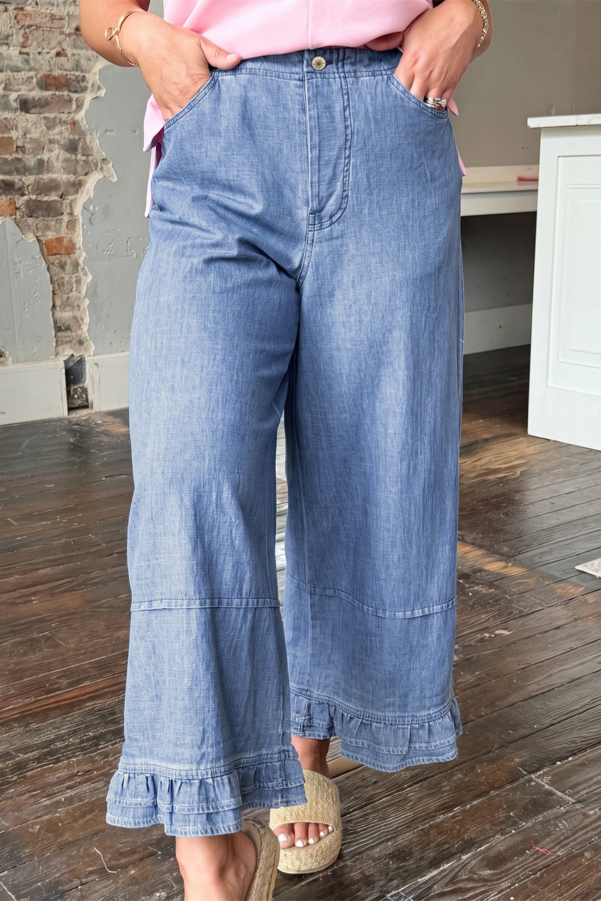 Light Blue Ruffle Hem Wide Leg Full Length Plus Size Jeans Online Only