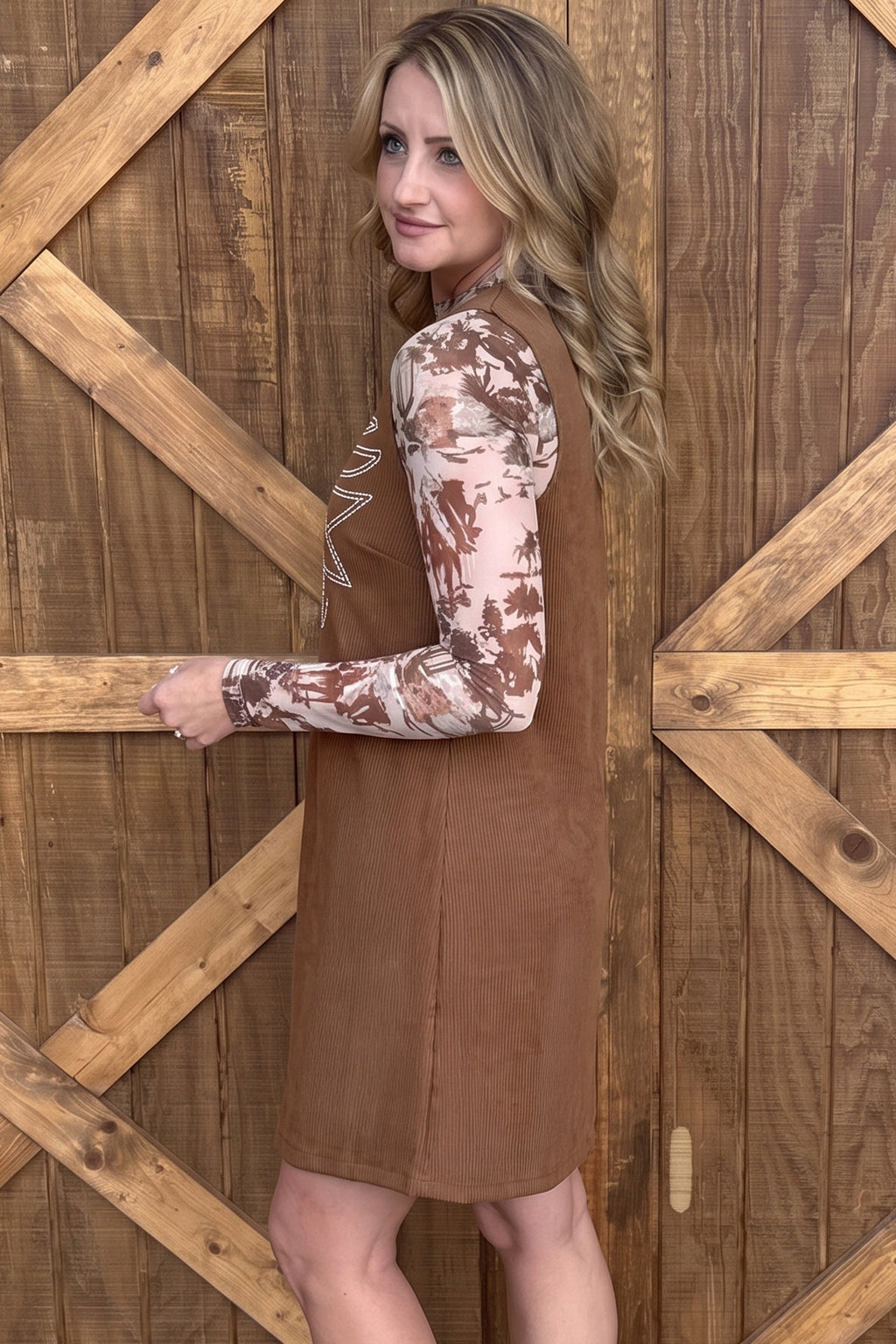 Coffee Geometric Embroidery Sleeveless Corduroy Shift Dress Online Only