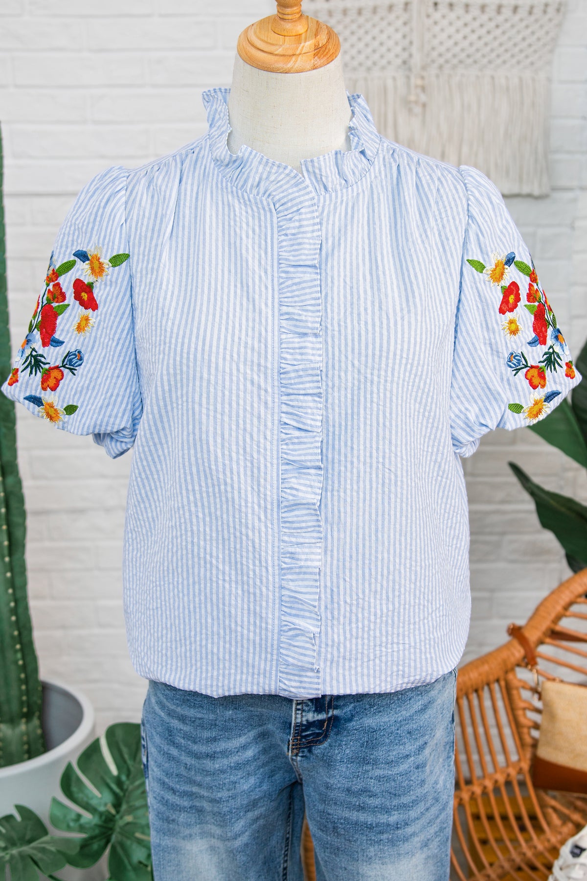 Sky Blue Stripe Floral Embroidered Puff Sleeve Ruffle Trim Shirt Online Only