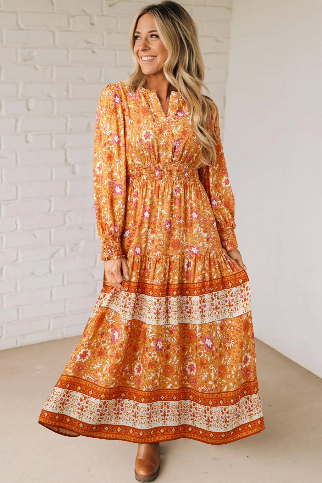 Orange Floral Print Smocked Waist Long Sleeve Boho Maxi Dress Online Only
