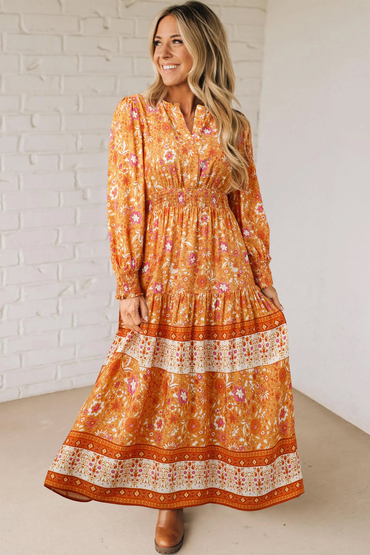 Orange Floral Print Smocked Waist Long Sleeve Boho Maxi Dress Online Only