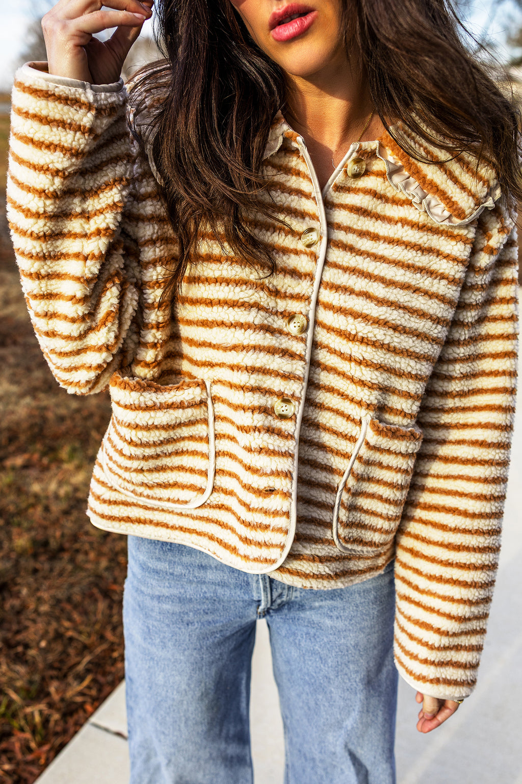 Brown Stripe Striped Fleece Button Front Long Sleeve Regular Fit Jacket Online Only
