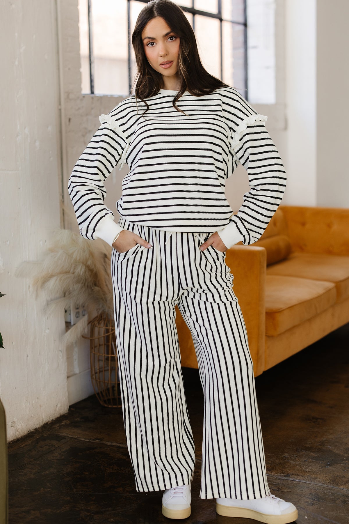 White Stripe Ruffle Trim Drop Shoulder Top Drawstring Loose Pant Set Online Only