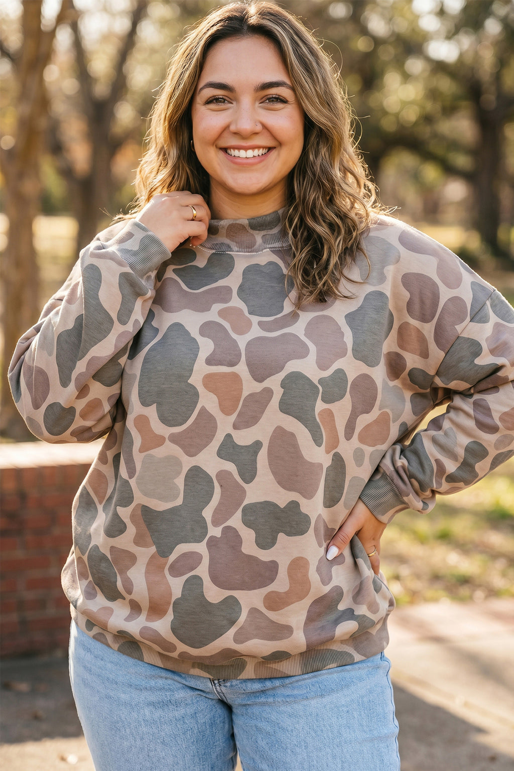 Multicolour Camo Print Ribbed Mock Neck Plus Size Sweatshirt Online Only