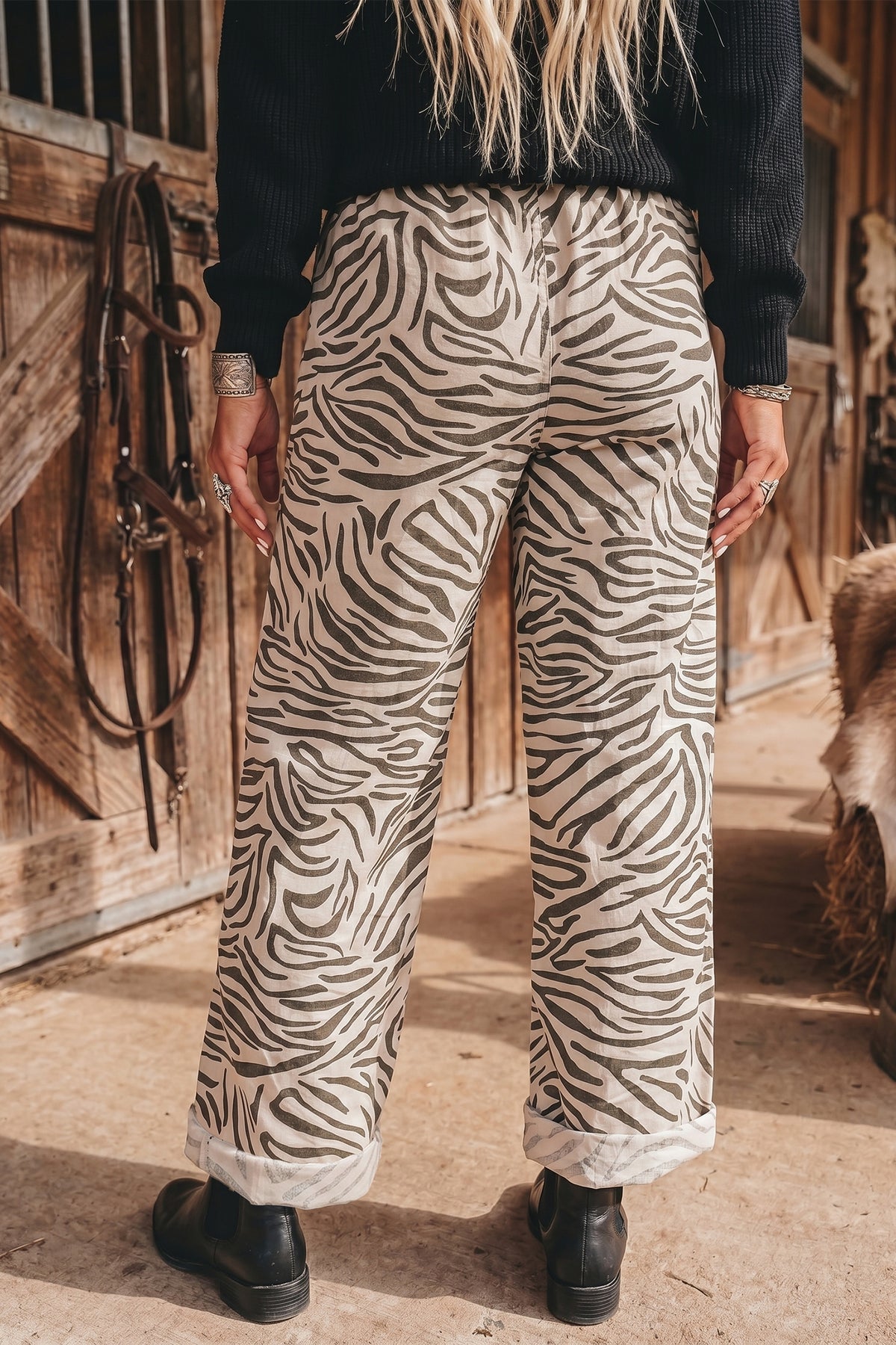 Multicolour Western Print Zebra Pattern Elastic Waist Pocket Full-Length Pants Online Only