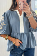 Myosotis Color Block Patchwork V Neck Embroidered Puff Sleeve Babydoll Blouse Online Only
