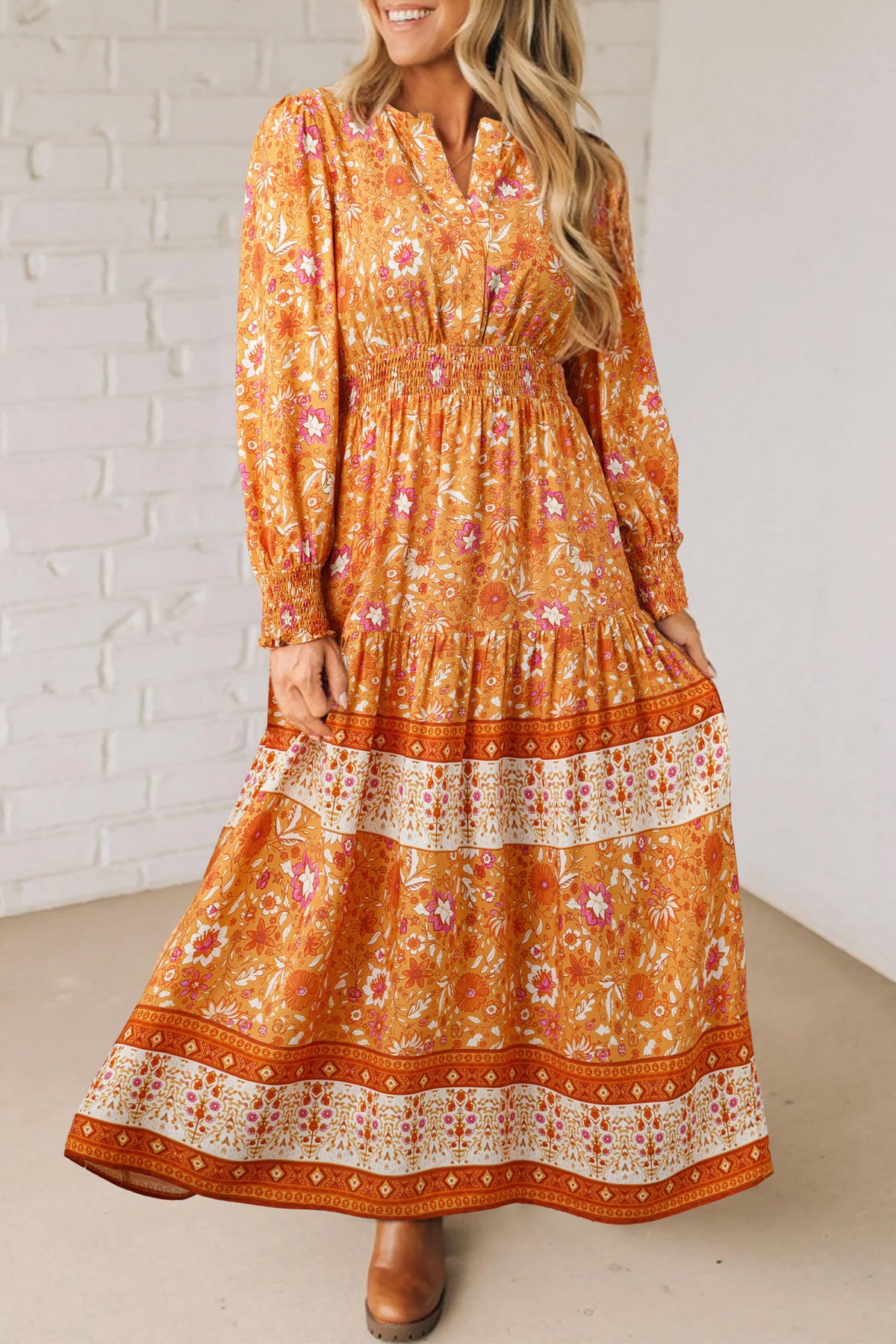 Orange Floral Print Smocked Waist Long Sleeve Boho Maxi Dress Online Only