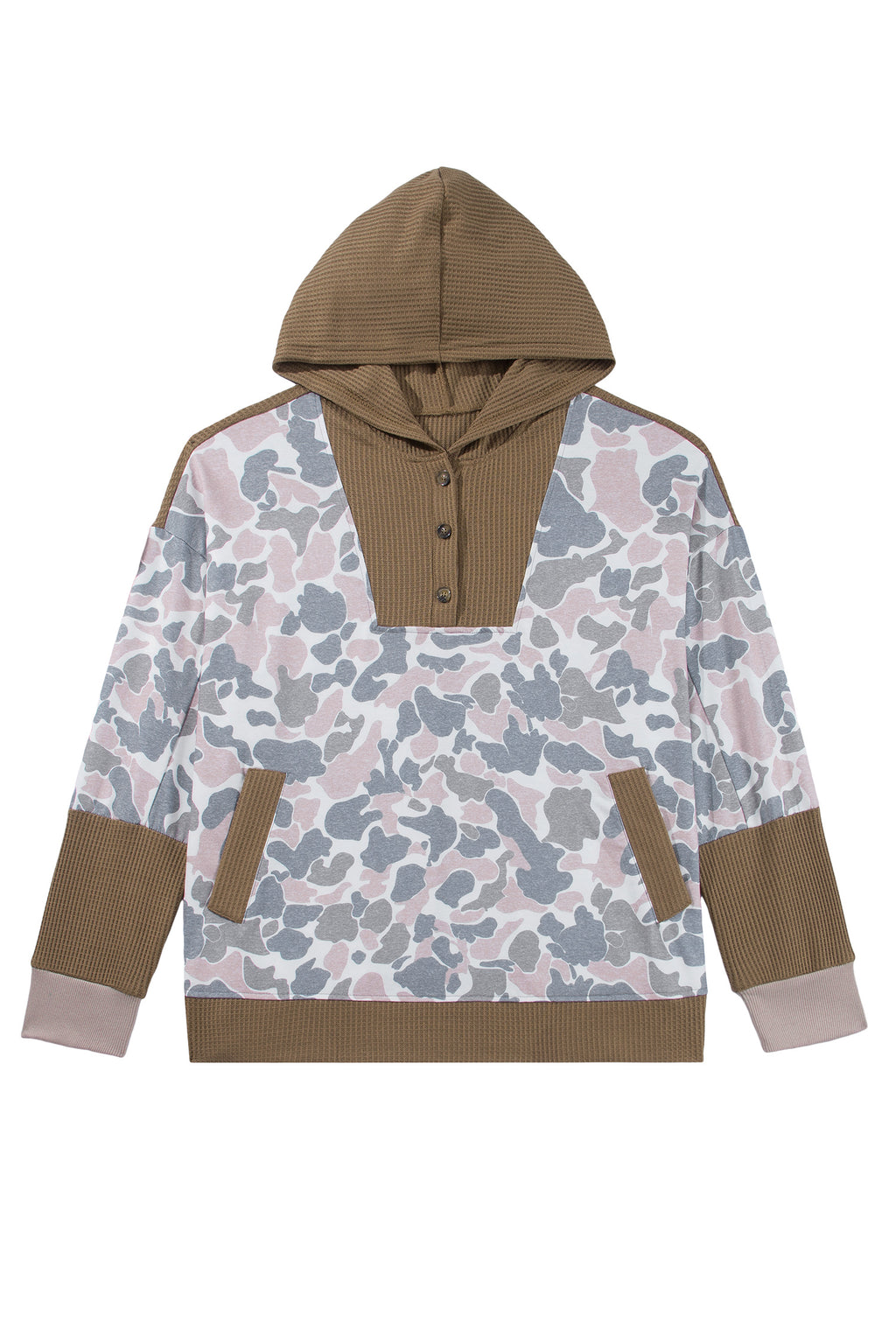 Khaki Camouflage Print Waffle Knit Patchwork Half Zip Plus Size Hoodie Online Only