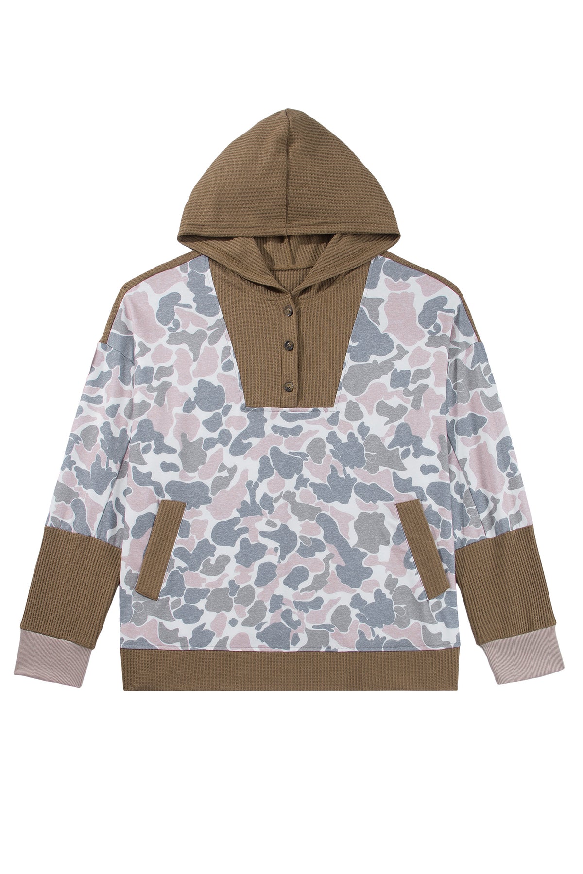 Khaki Camouflage Print Waffle Knit Patchwork Half Zip Plus Size Hoodie Online Only