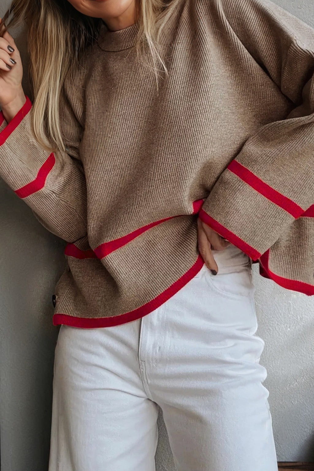 Simply Taupe Ribbed Knit Contrasted Stripe Detail Button Side Loose Sweater Online Only
