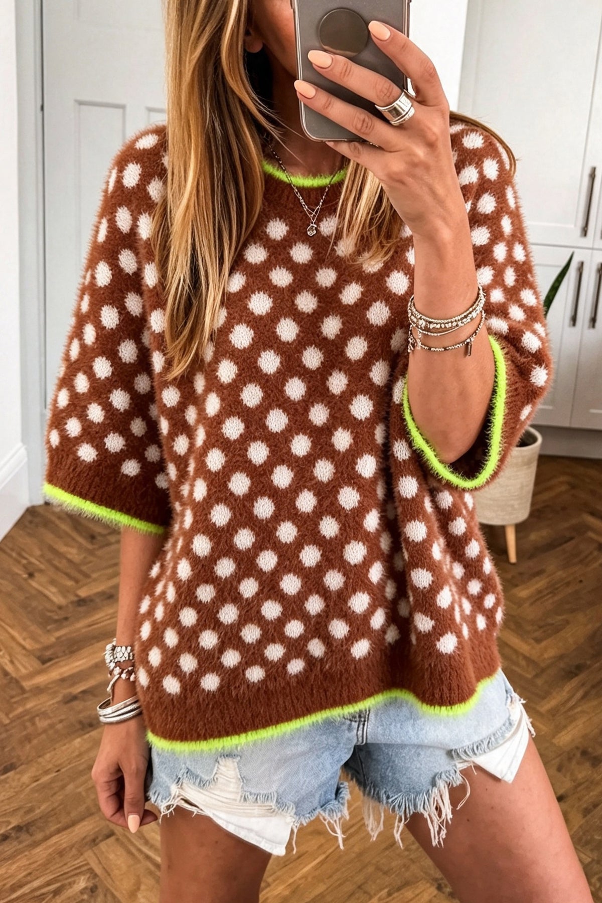 Coffee Polka Dot Contrast Trim Round Neck Half Sleeve Sweater Online Only
