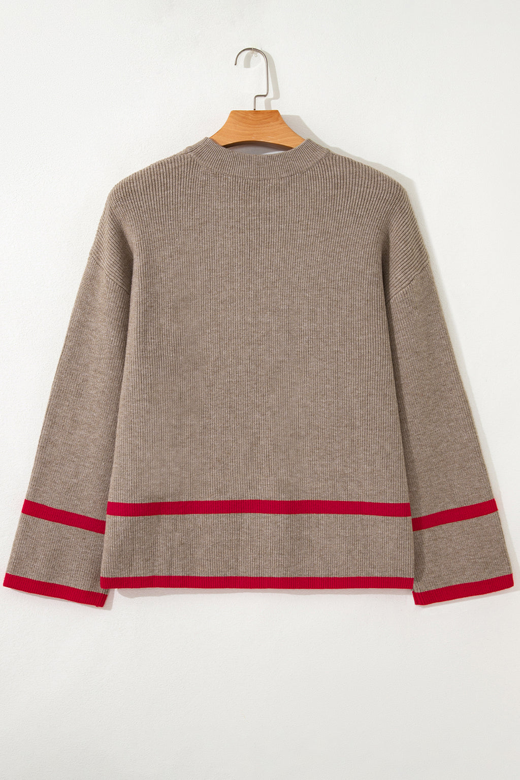 Simply Taupe Ribbed Knit Contrasted Stripe Detail Button Side Loose Sweater Online Only