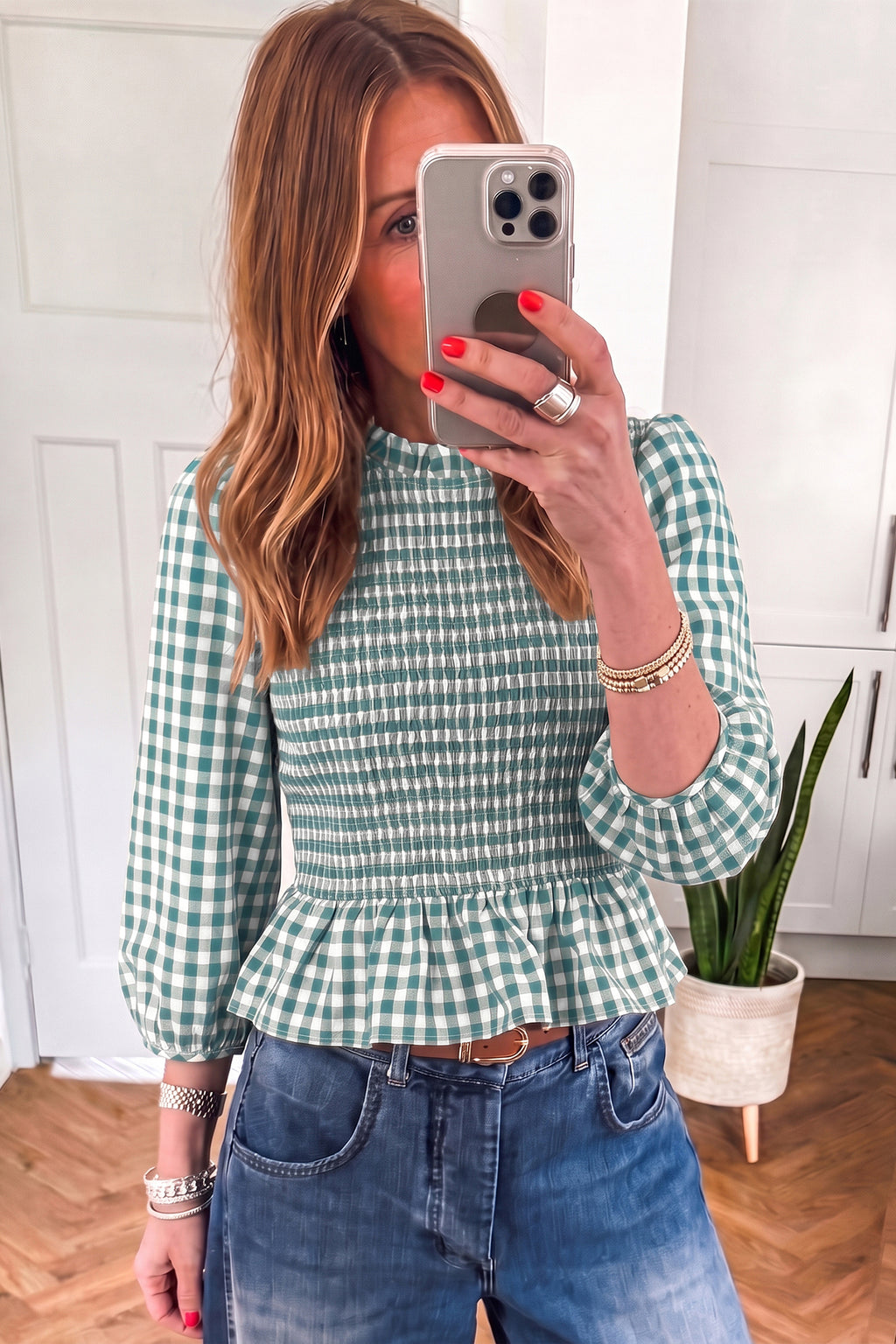 Red, Brown, & Green 3/4 Sleeve Shirred Plaid Peplum Top Online Only