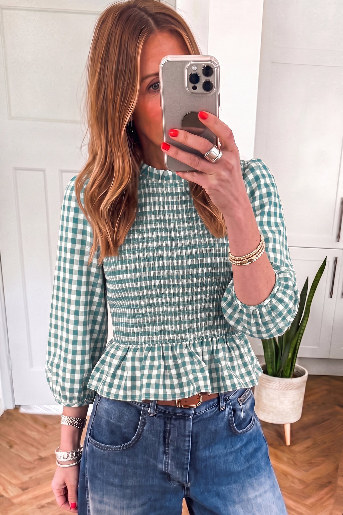 Red, Brown, & Green 3/4 Sleeve Shirred Plaid Peplum Top Online Only