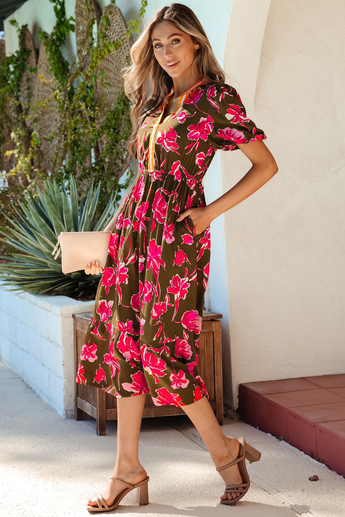Green Floral Print Striped Trim Split Neck Short Puff Sleeve Ruffle Hem Maxi Dress Online Only