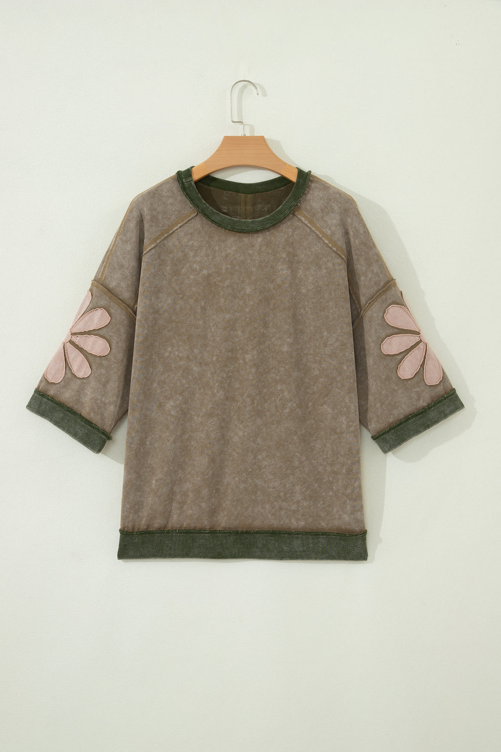 Breen Mineral Wash Raw Seam Patchwork Flower Patched 3/4 Sleeve Oversize Top Online Only