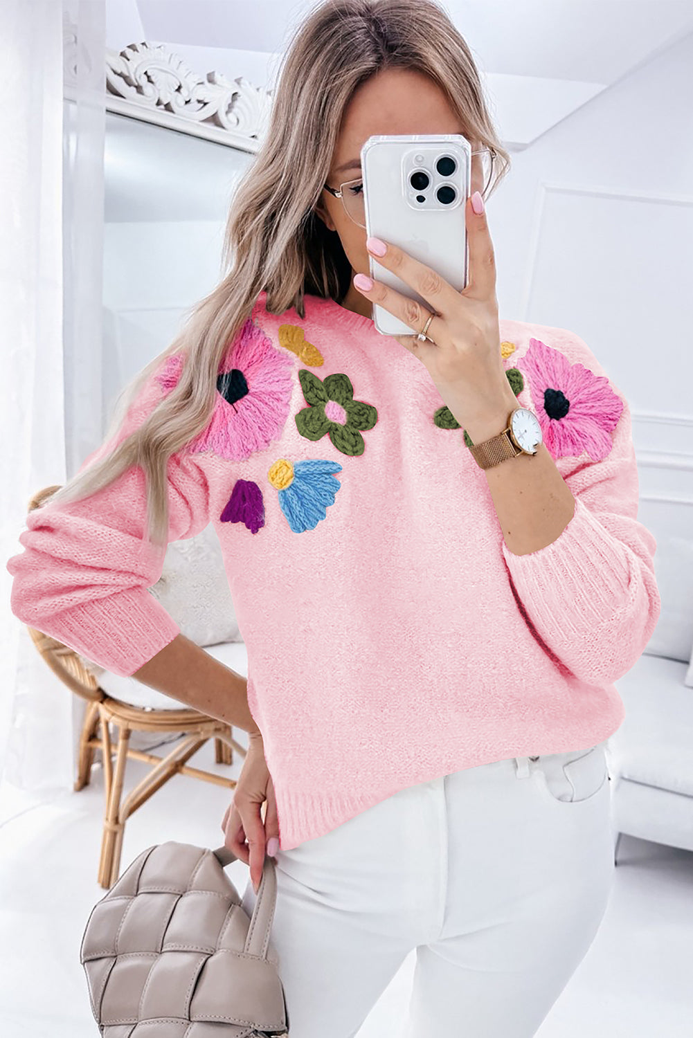 Light Blue Knitted Flower Pattern Ribbed Edge Sweater Online Only