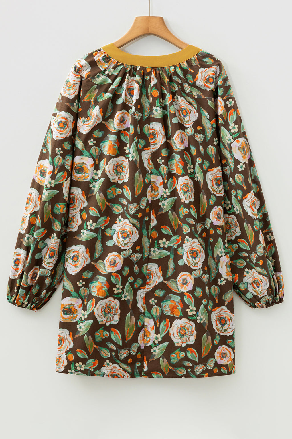 Brown Floral Print Contrast Trim V Neck Pocketed Long Sleeve Mini Dress Online Only