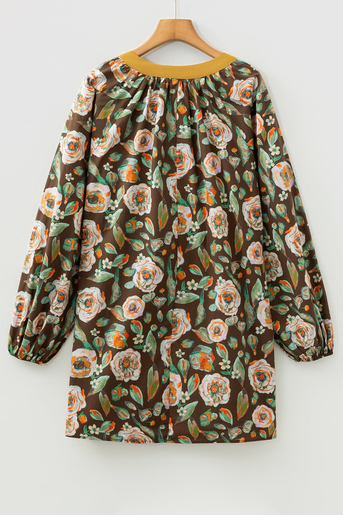 Brown Floral Print Contrast Trim V Neck Pocketed Long Sleeve Mini Dress Online Only