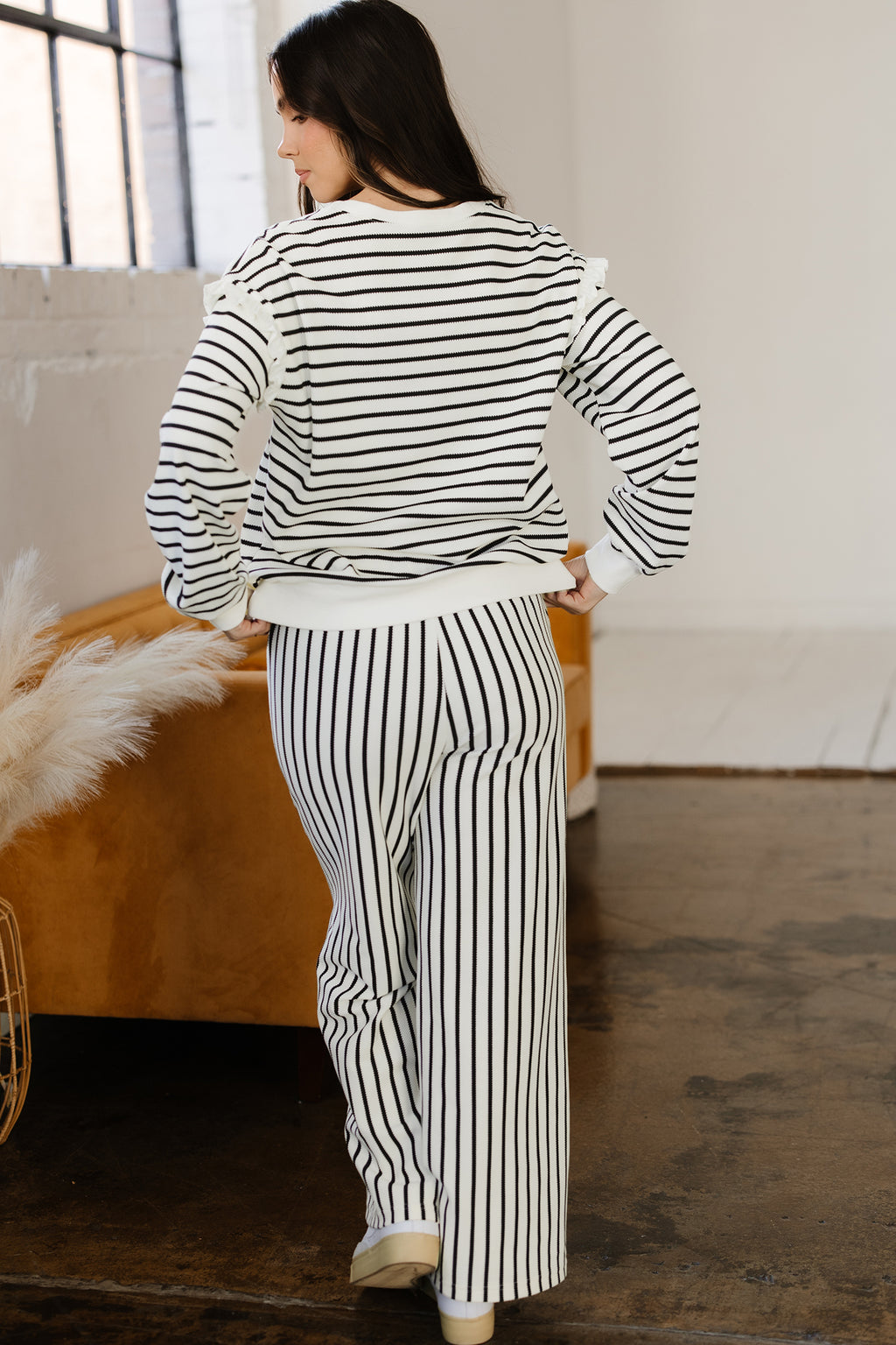 White Stripe Ruffle Trim Drop Shoulder Top Drawstring Loose Pant Set Online Only