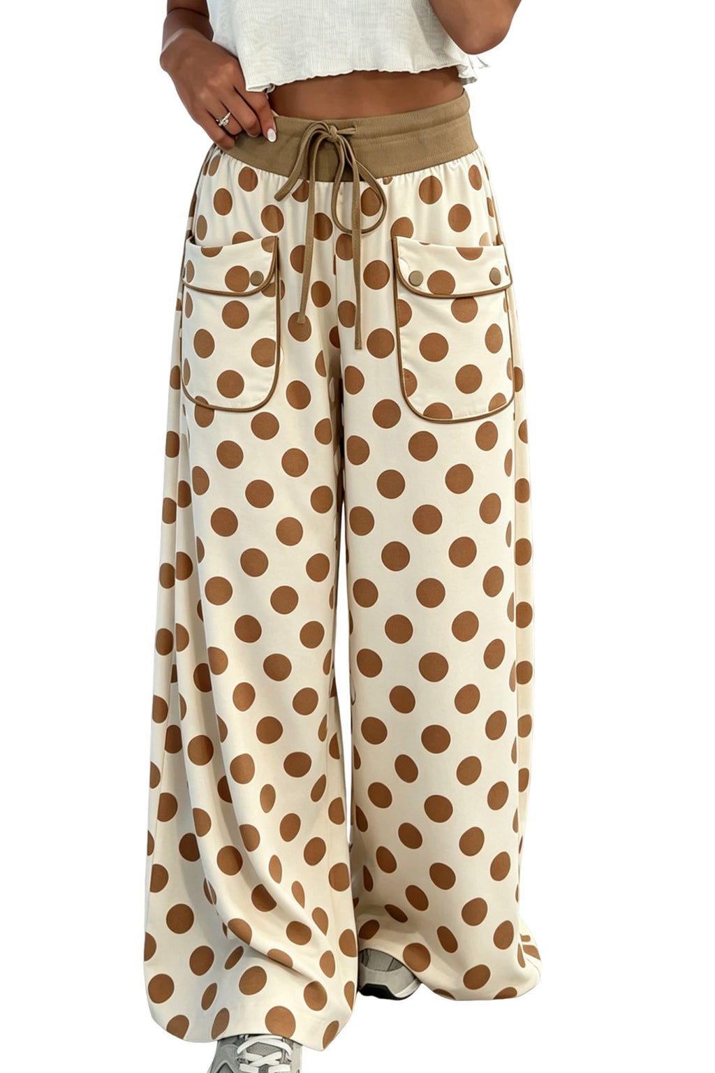 Khaki Polka Dot Drawstring Pocket Wide Leg Pants Online Only