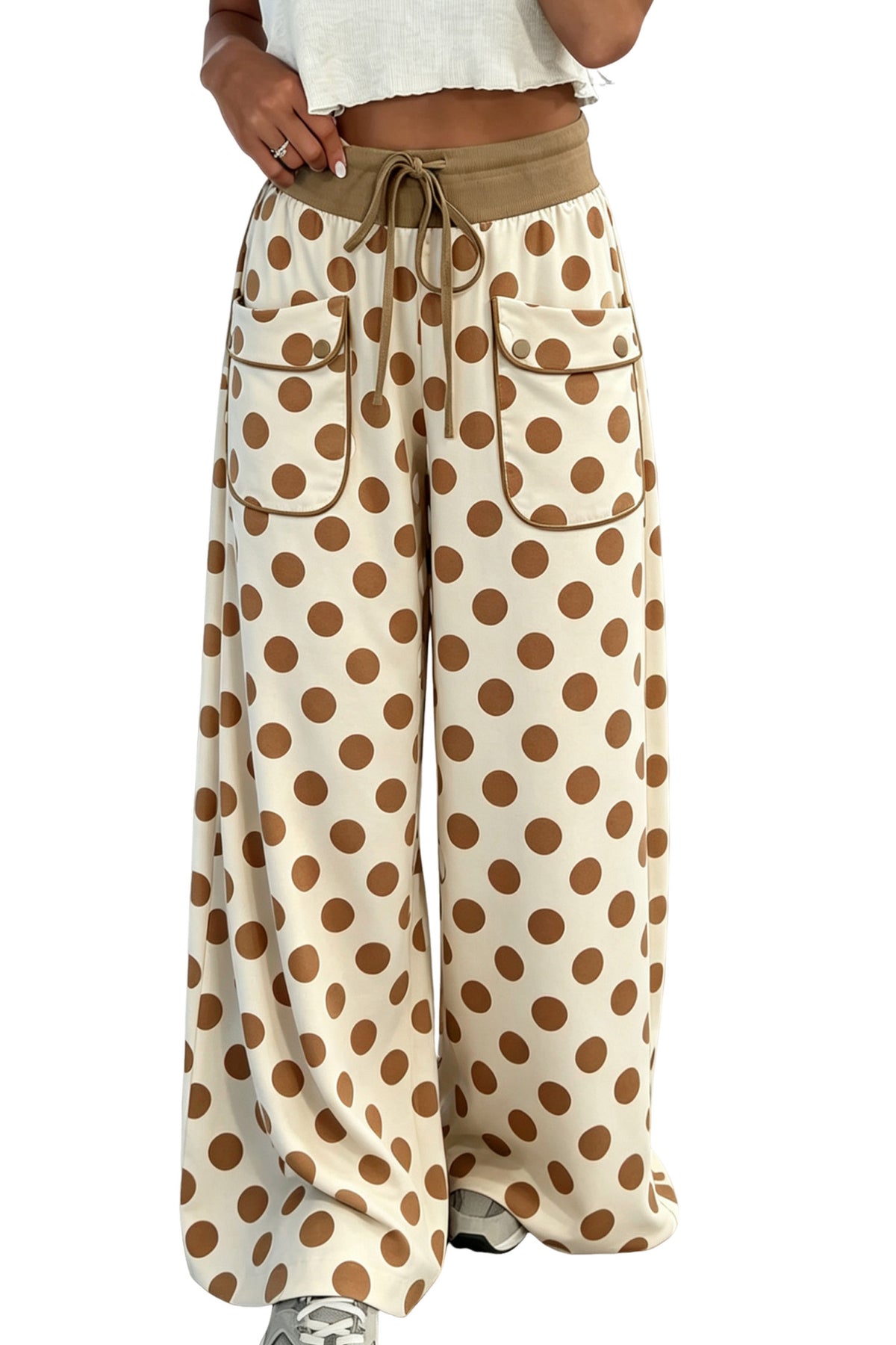 Khaki Polka Dot Drawstring Pocket Wide Leg Pants Online Only