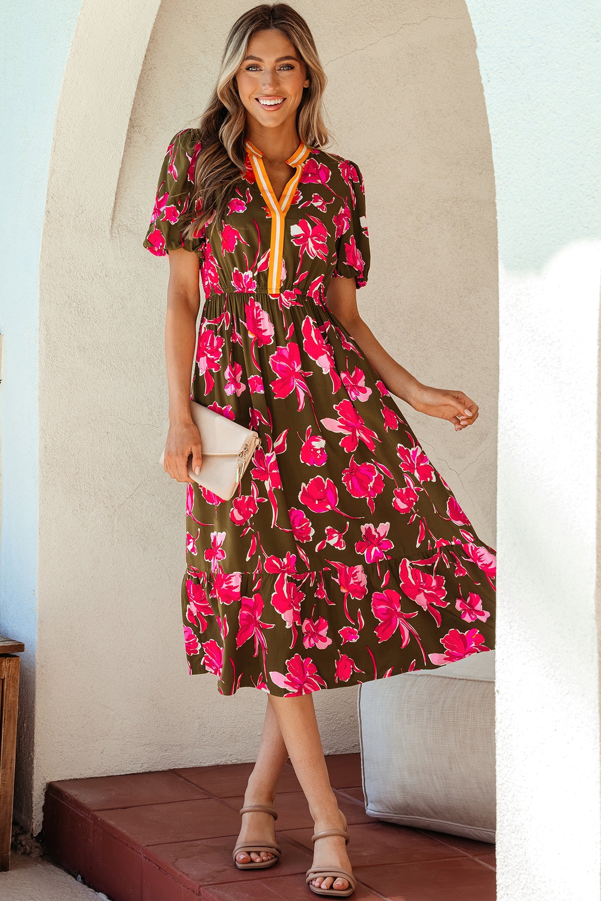 Green Floral Print Striped Trim Split Neck Short Puff Sleeve Ruffle Hem Maxi Dress Online Only