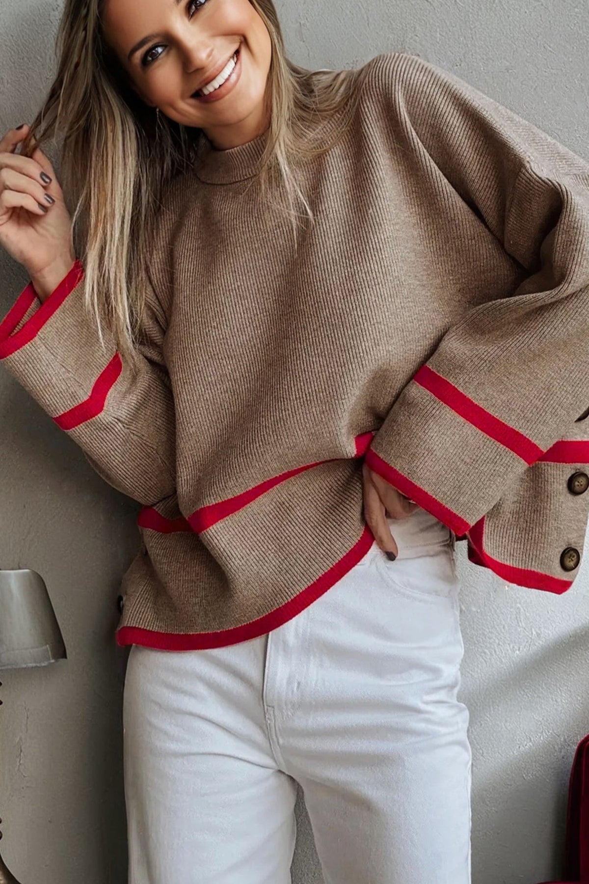 Simply Taupe Ribbed Knit Contrasted Stripe Detail Button Side Loose Sweater Online Only