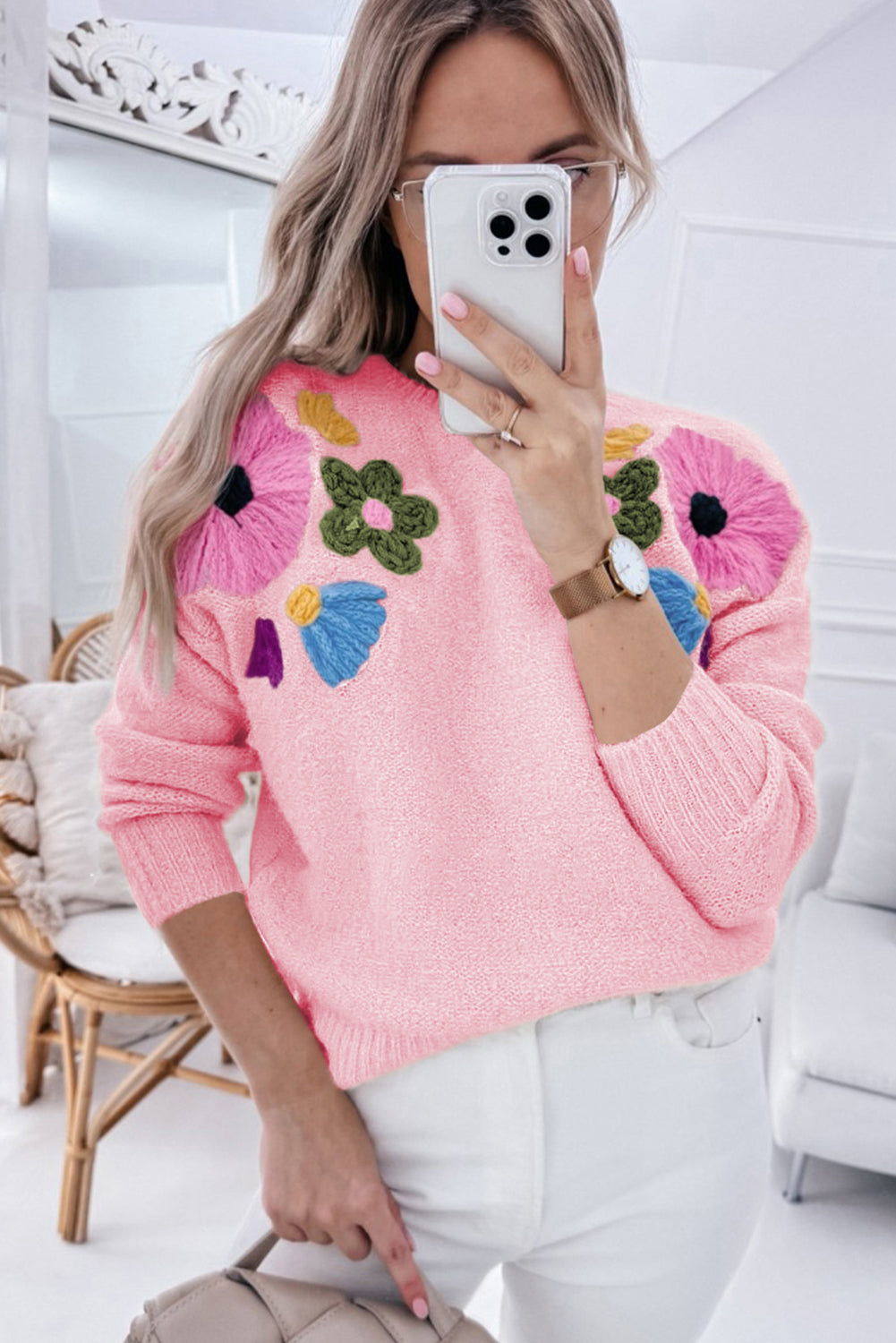 Light Blue Knitted Flower Pattern Ribbed Edge Sweater Online Only