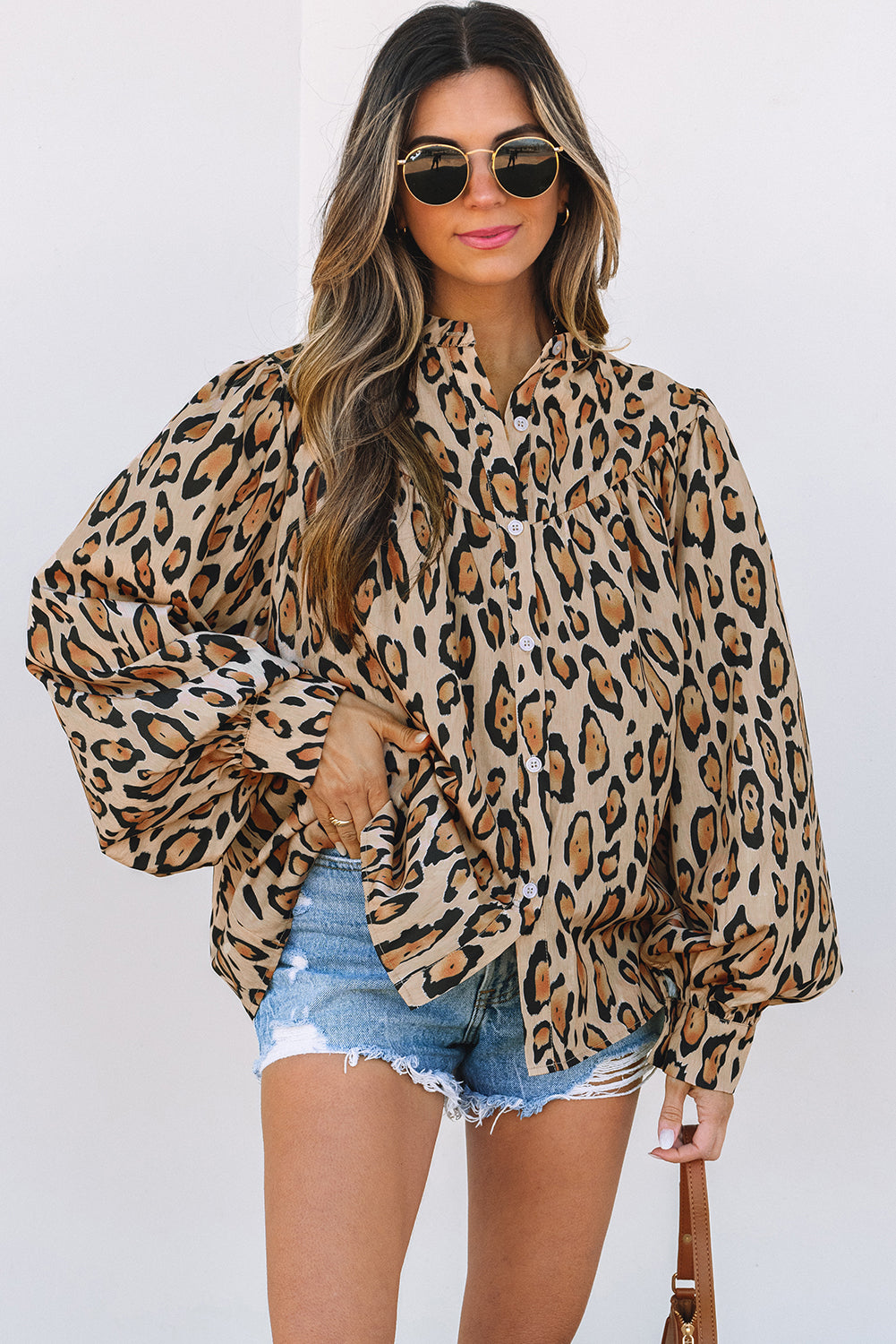 Jet Stream Oversized Leopard Print Balloon Sleeve Casual Shirt Online Only