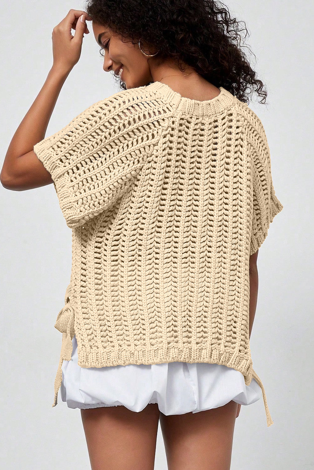 Apricot Plus Size Open Knit Bow Tie Short Sleeve Sweater Online Only