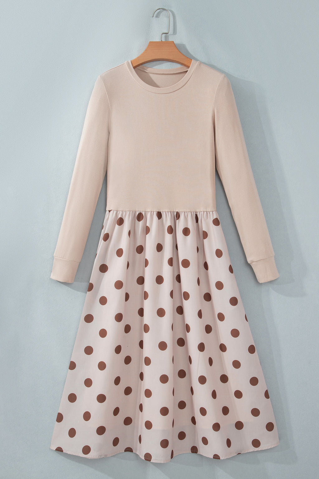 Beige Polka Dot Midi Long Sleeve Dress Online Only