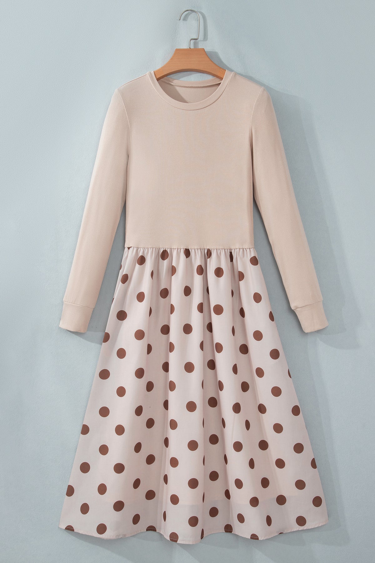 Beige Polka Dot Midi Long Sleeve Dress Online Only