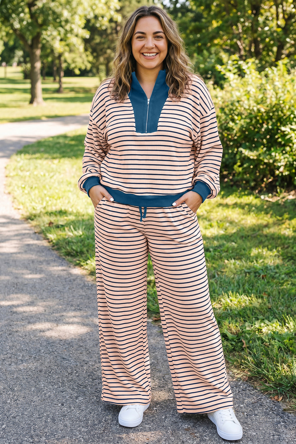 Pink Stripe Striped Colorblock V Neck Long Sleeve Plus Size Set Online Only