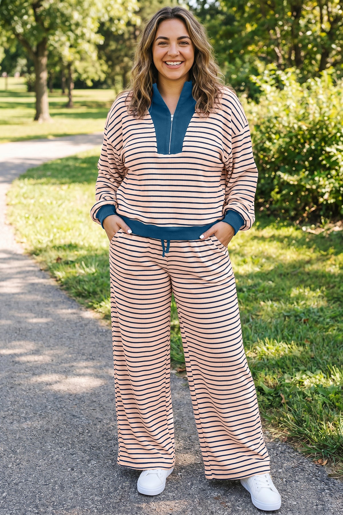 Pink Stripe Striped Colorblock V Neck Long Sleeve Plus Size Set Online Only