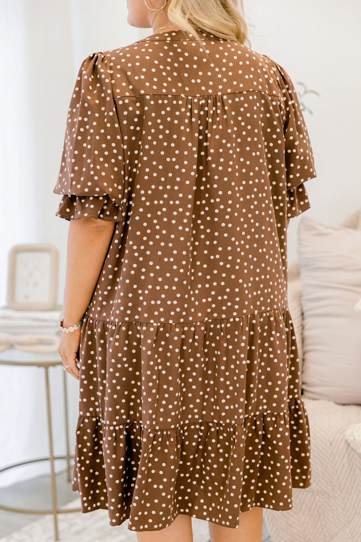 Brown V Neck Polka Dot Long Sleeve Shift Plus Size Dress Online Only