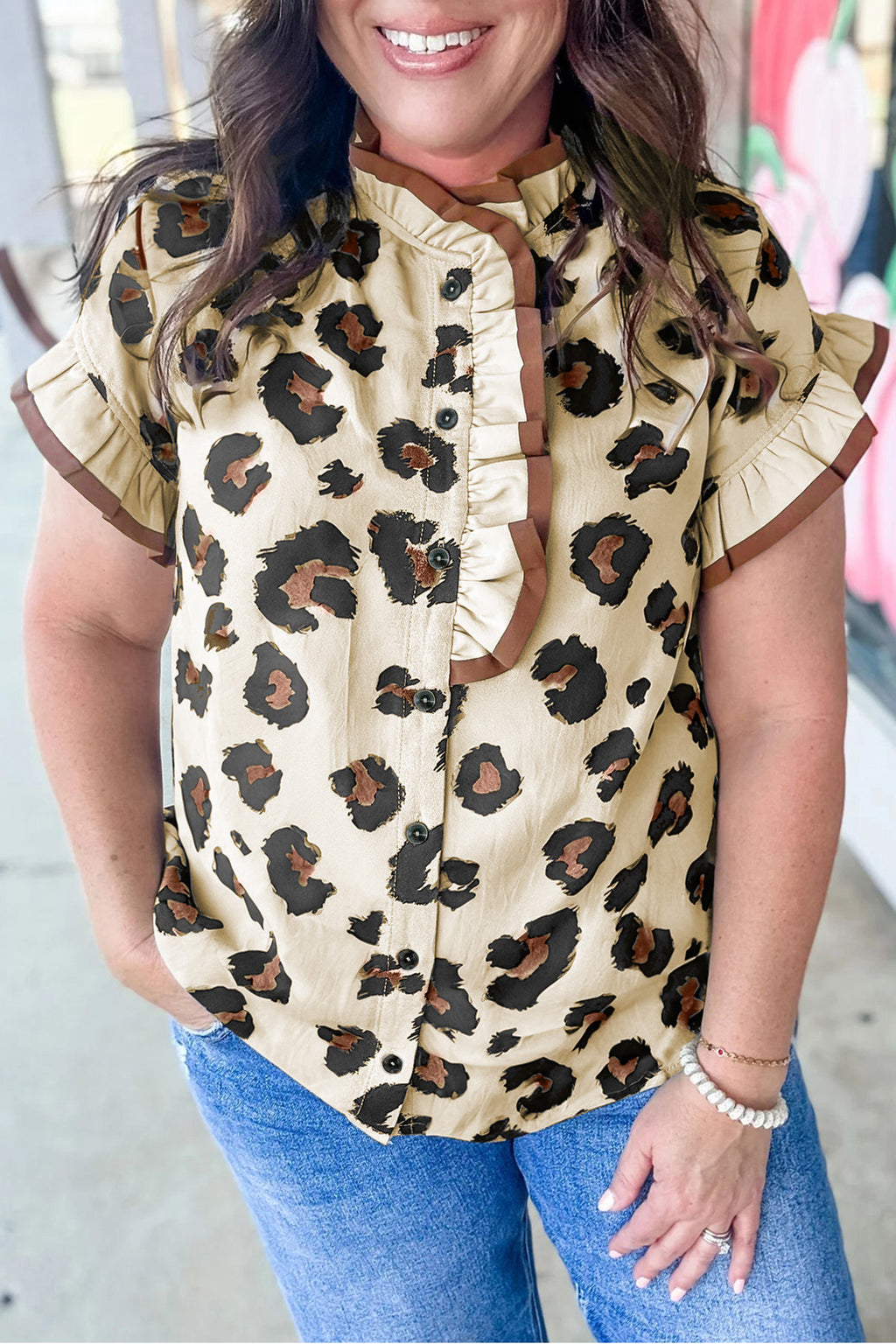 Khaki Plus Size Leopard Print Frilled Color Block Trim Button Down Short Sleeve Blouse Online Only
