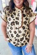 Khaki Plus Size Leopard Print Frilled Color Block Trim Button Down Short Sleeve Blouse Online Only