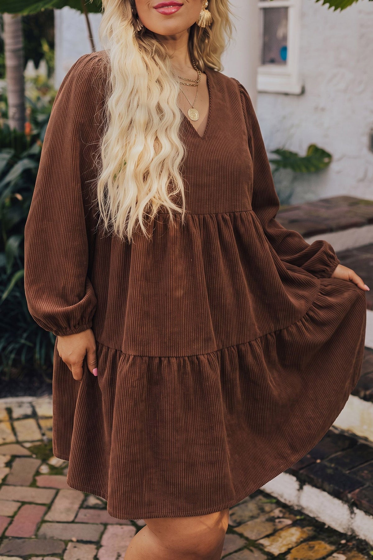 Coffee Winter Corduroy V Neck Long Sleeve Plus Size Mini Dress Online Only