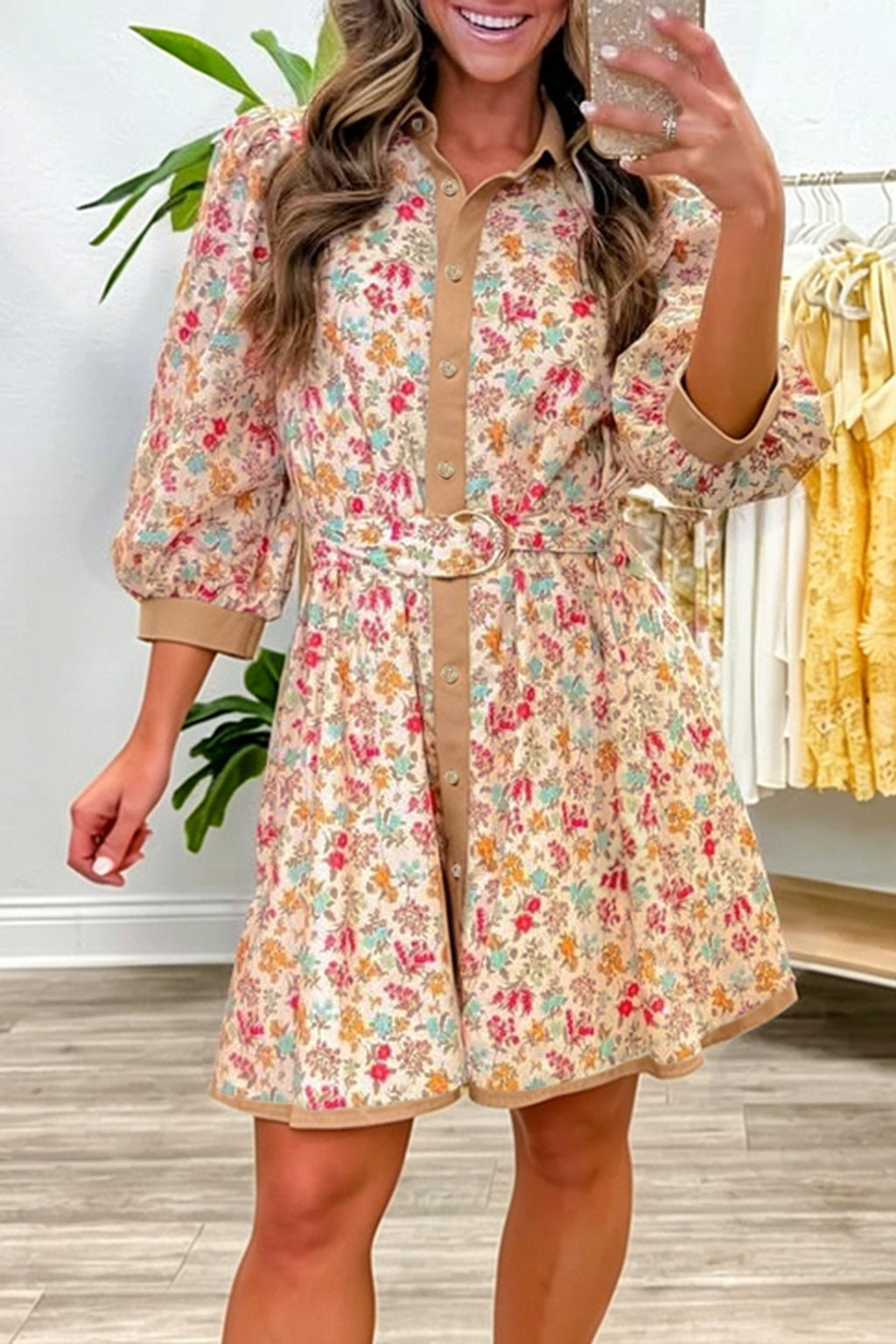 Orange Floral Print Color Block Trim Button Down 3/4 Sleeve Belted Mini Dress- Online Only