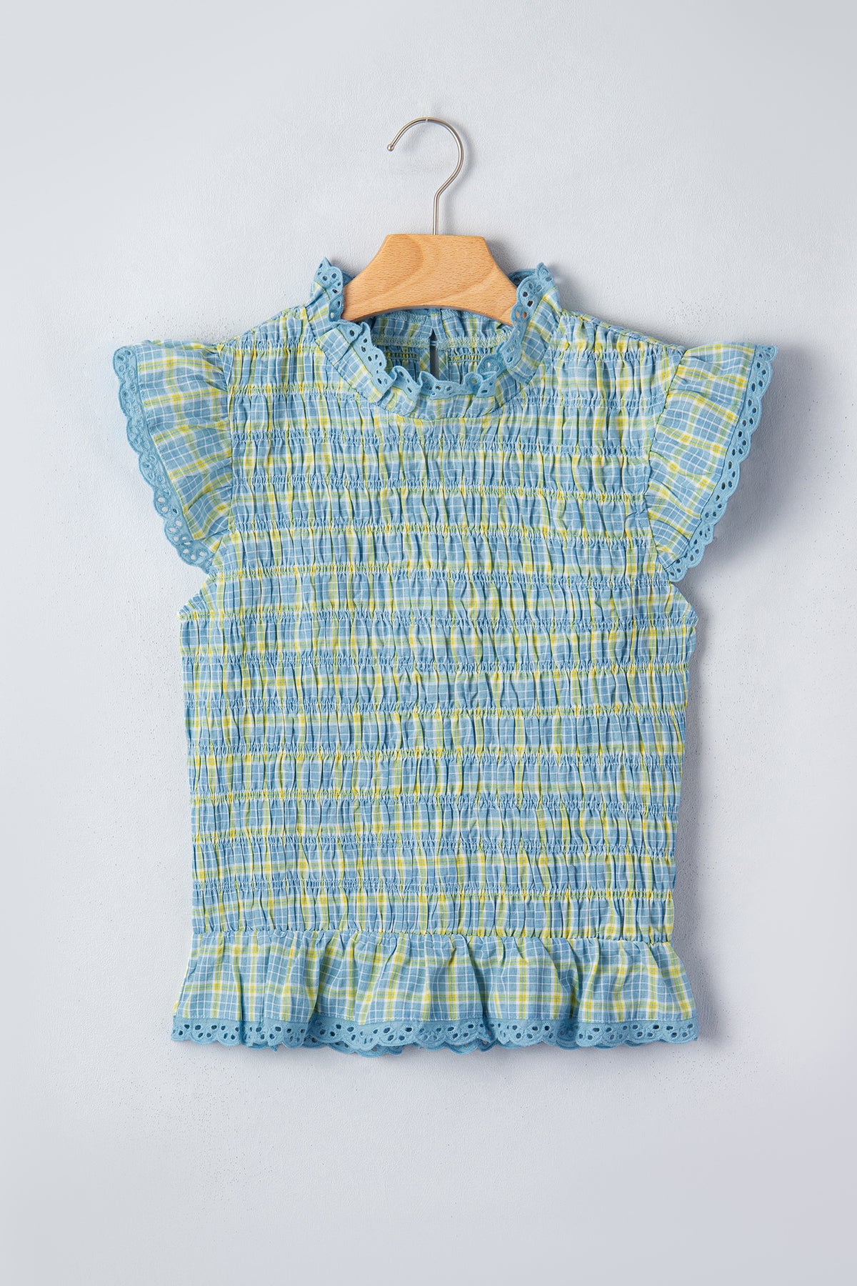 Multicolour Gingham Smoked Lace Trim Tank Top Online Only